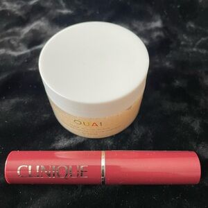 Clinique lipstick and Quai body scrub. Sample/travel size.